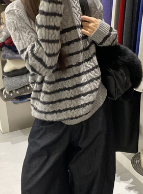 一念轻奢店冬上新麻花羊毛条纹提花保暖毛衣（含100羊毛）89631