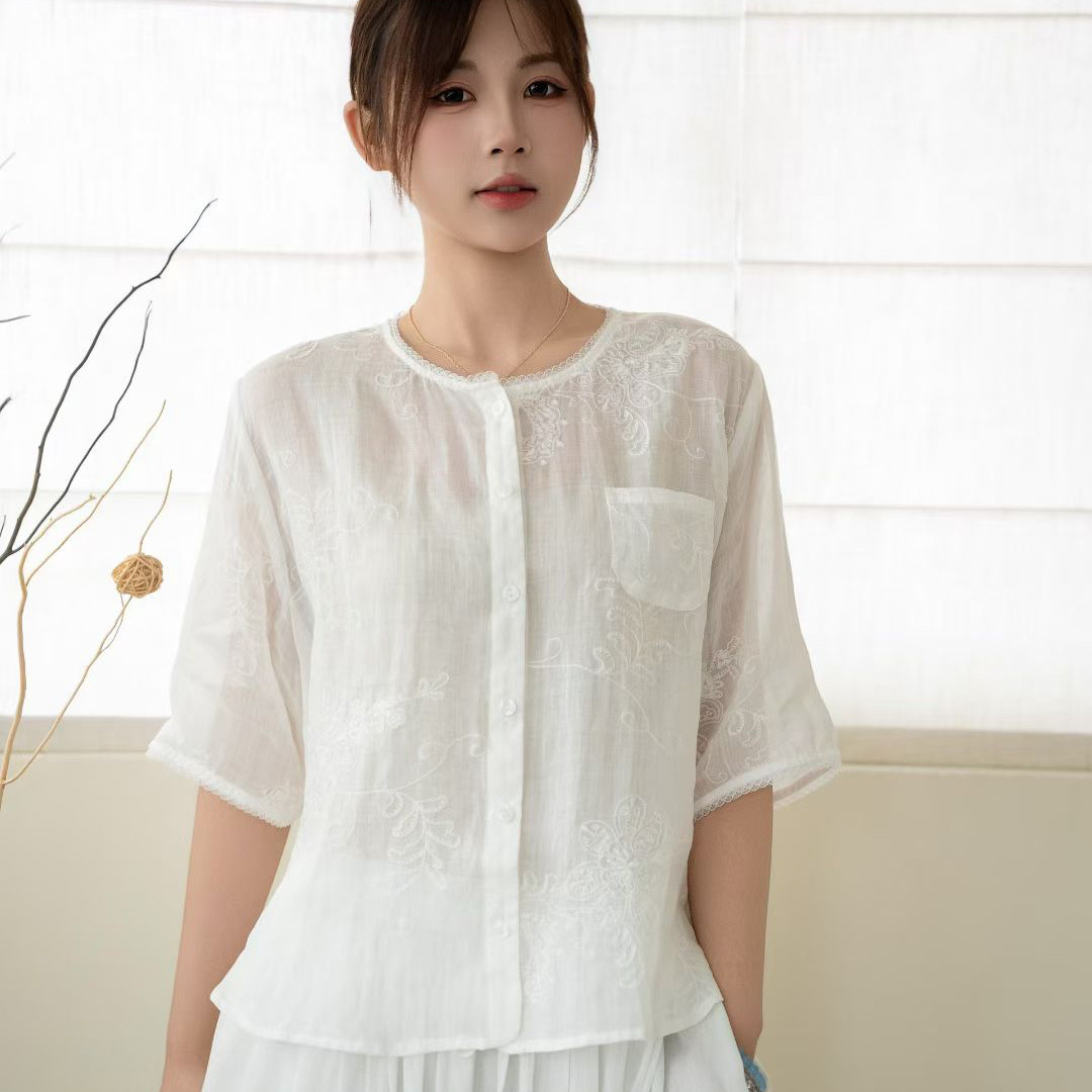 一念小众设计风刺绣花边苎麻衬衫五分袖麻料开衫衬衣短袖T恤HSX06