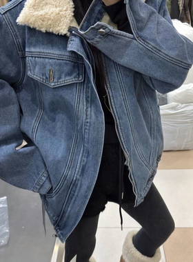 一念冬上新设计感复合加绒拼接仿羊羔毛领夹克牛仔外套11888