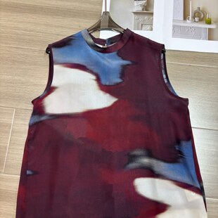 一念家染水墨撞色印花后背打褶设计圆领无袖 G322 真丝背心YS398