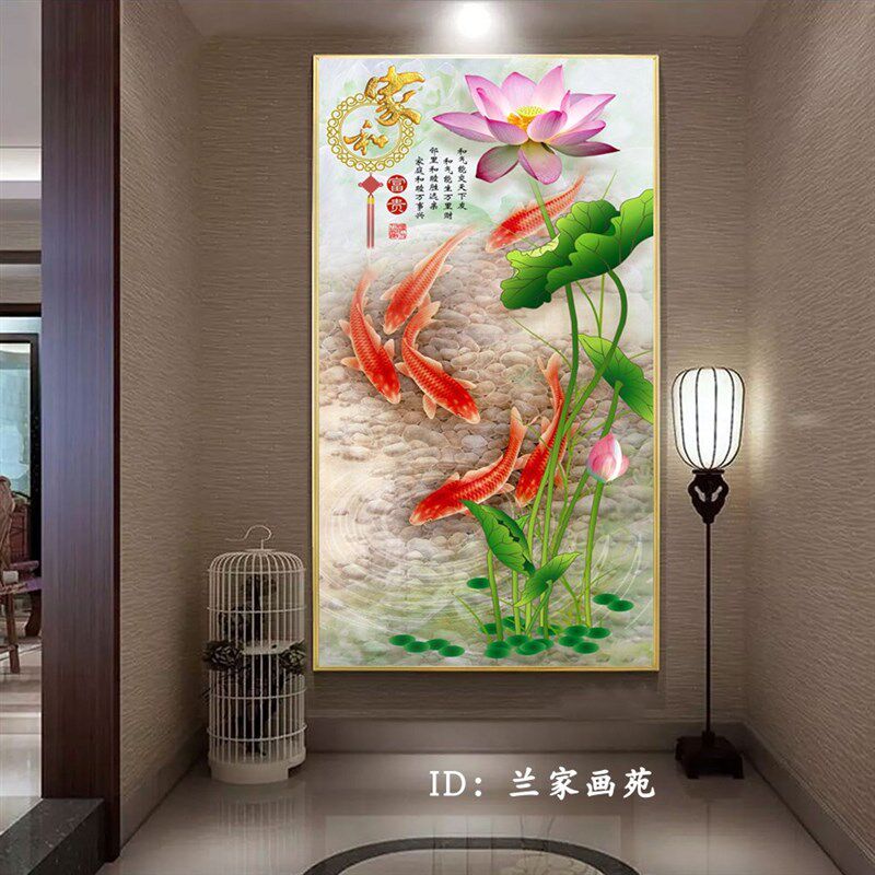 中式轻奢水墨山水晶瓷画荷花九鱼图莲年有余走道玄关墙锦鲤装饰画