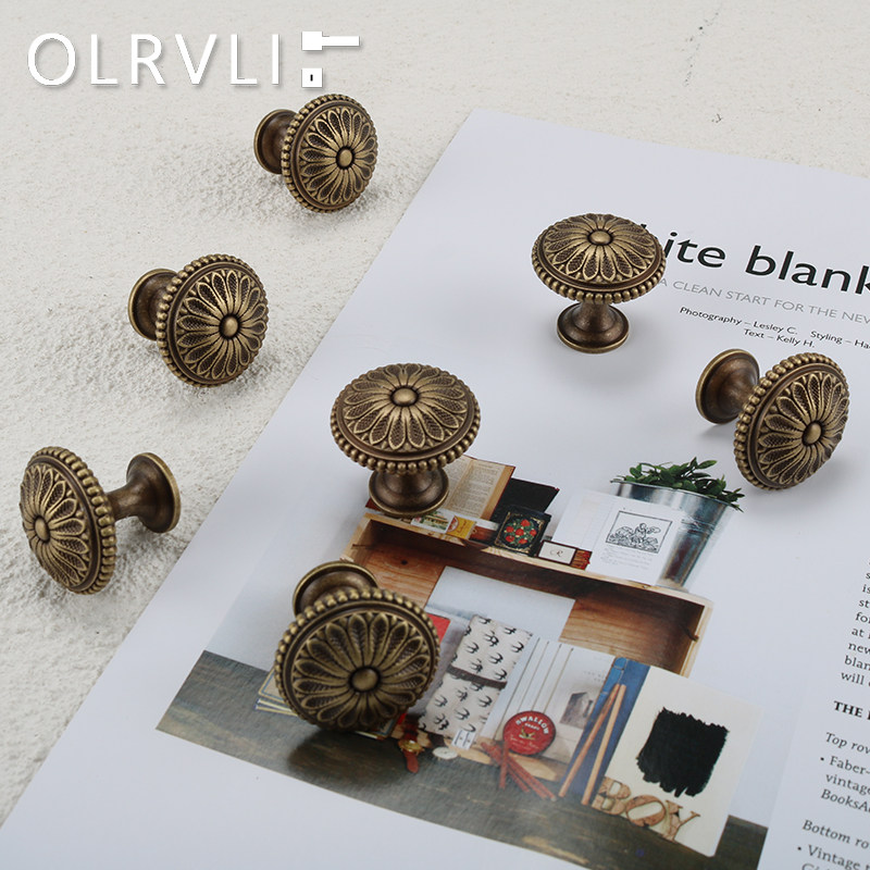 olrvli欧式复古黄铜拉手抽屉衣柜家具做旧柜门把手中式古铜色拉手