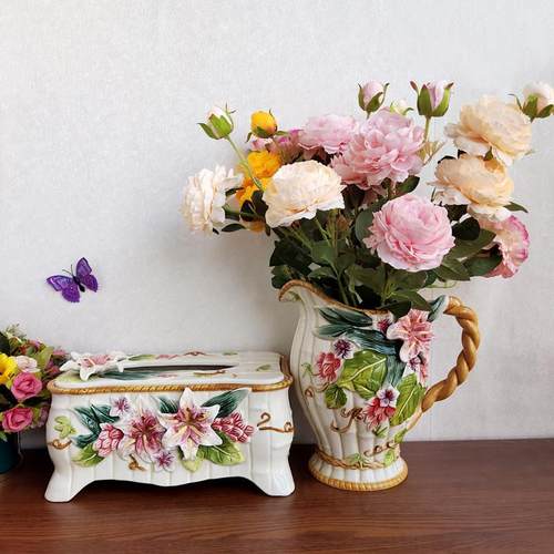 Function art方亚纯手绘陶瓷富贵竹百合花大果盘客厅茶几糖果盘