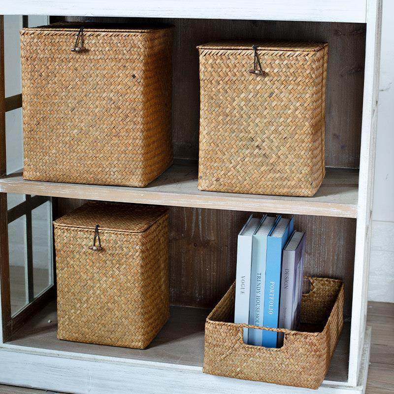 海草带盖收纳盒高整理箱手工草编织桌面零食储物箱杂物收纳筐篮子