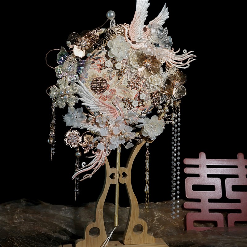 新娘结婚团扇中式高级婚礼重工成品手工秀禾出嫁喜扇子diy材料包