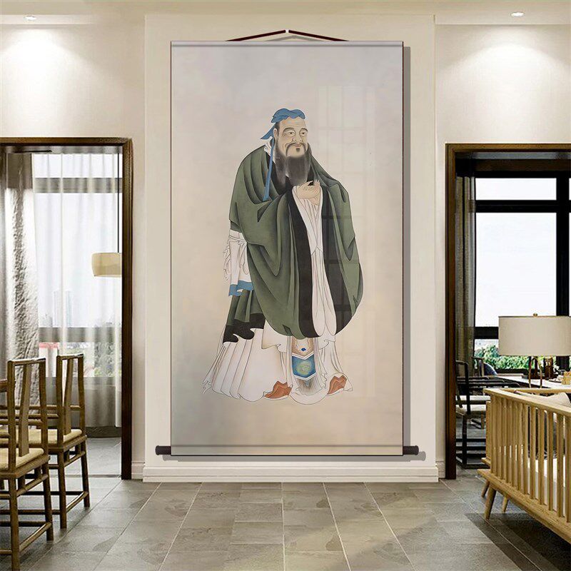 孔子像挂画孔子画像挂图孔夫子挂像教室客厅中堂丝绸画卷轴装饰画