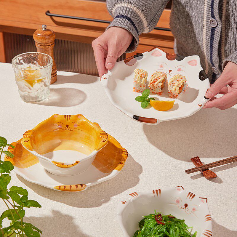 可爱猫咪陶瓷碗餐具套装一人用碗盘套装汤碗米饭碗家用面碗点心盘