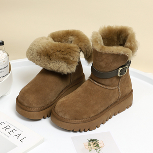 棉鞋 加厚全羊毛中筒时尚 真皮毛一体雪地靴女防滑靴子 新款 2025冬季