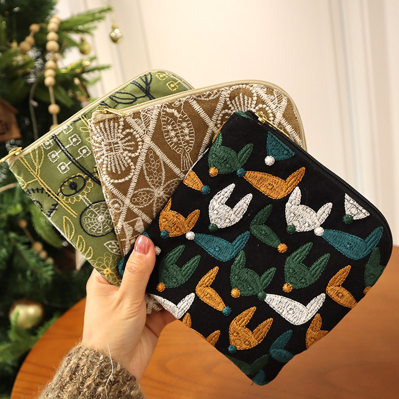 日系刺绣花朵L型拉链棉麻收纳包多功能化妆包零钱包耳机钥匙收纳,箱包皮具/热销女包/男包,手拿包,淘宝优惠券,粉丝福利购,淘宝优惠卷