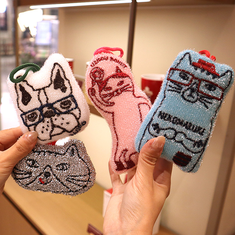 超萌日系kusugusu正品猫咪狗子去油污双面百洁布刷锅碗海绵擦