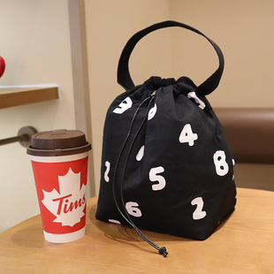 日系简约数字铝箔保温便当包抽绳手提饭盒袋学生上班族午餐包