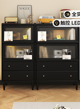 实木边柜书柜客厅沙发侧边柜黑色餐边柜碗柜现代简约储物展示柜子