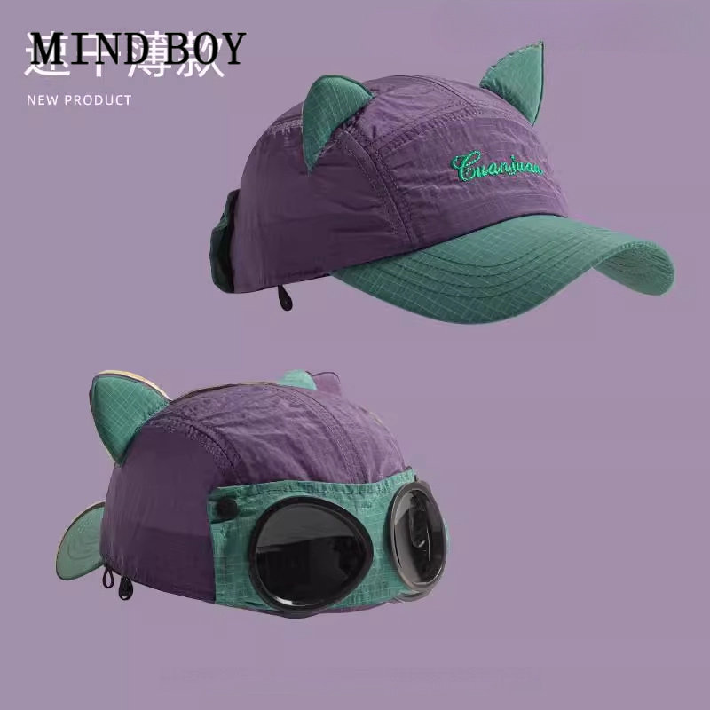 MIND BOY墨镜飞行员帽美式拼色速干鸭舌帽子可爱猫耳亲子棒球帽男