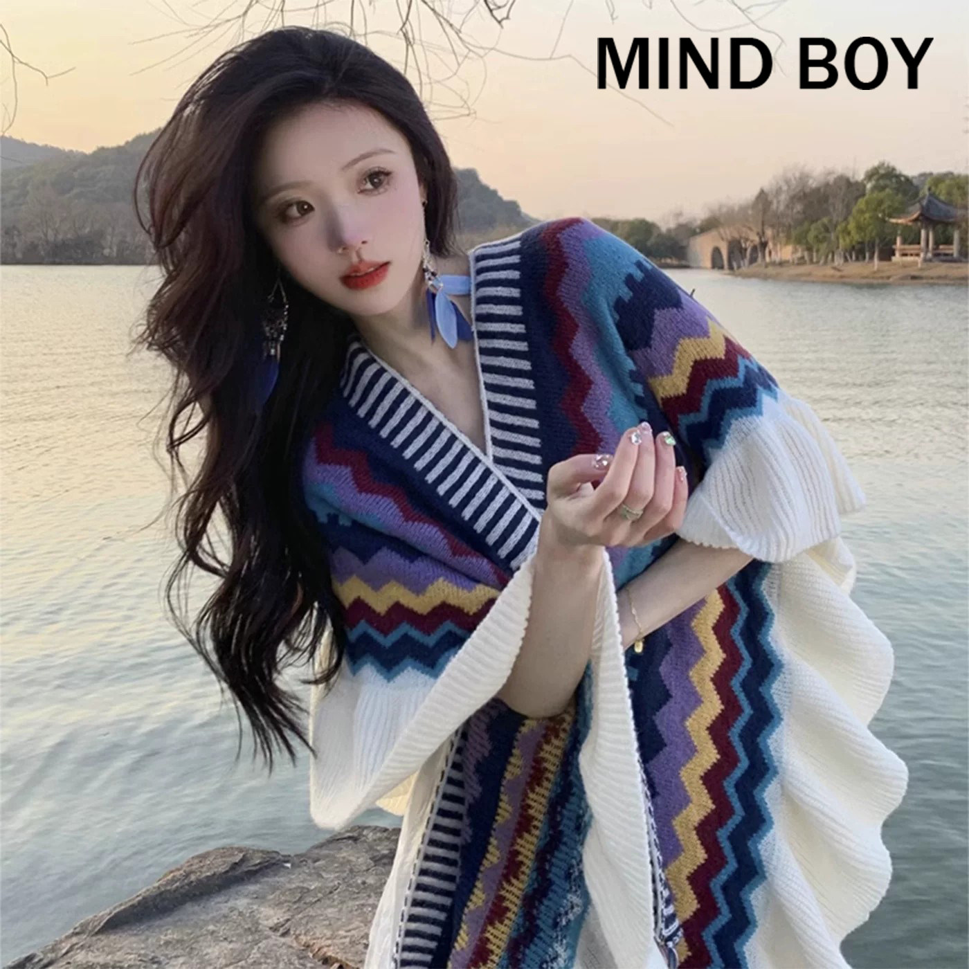 MIND BOY民族风蓝色旅游披肩女生外搭云南丽江波西米亚风披风斗篷