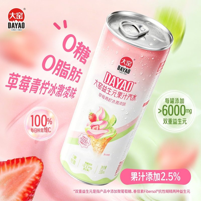 大窑草莓青柠哈密瓜冰激凌味0糖0脂果汁汽水添加益生元维C330mLD