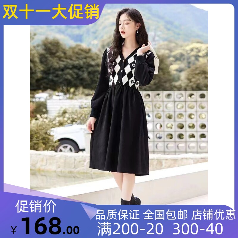 香影长袖连衣裙女2023秋装新款时尚法式复古裙子v领针织拼接裙怎么样,好用不?