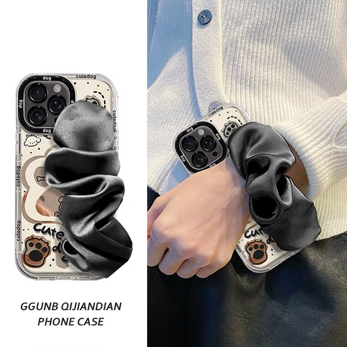 简约可爱猫爪深灰丝绸腕带适用iphone14promax苹果15pro手机壳13/12/11硅胶xs/xr简约8plus个性7P防摔7/8/SE2