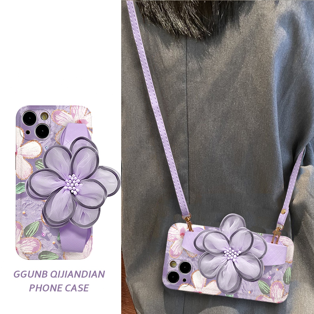 ins紫色油画花朵纱花腕带适用vivox100手机壳x90/x80/70/60/50女s19pro简约s18/s17/s16/s15/s12软y52