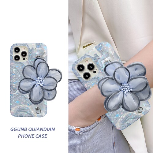 彩色贝壳纹光线纱花腕带适用iphone14promax苹果15手机壳13/12/11硅胶xs/xr简约8plus个性7P防摔7/8/SE2女