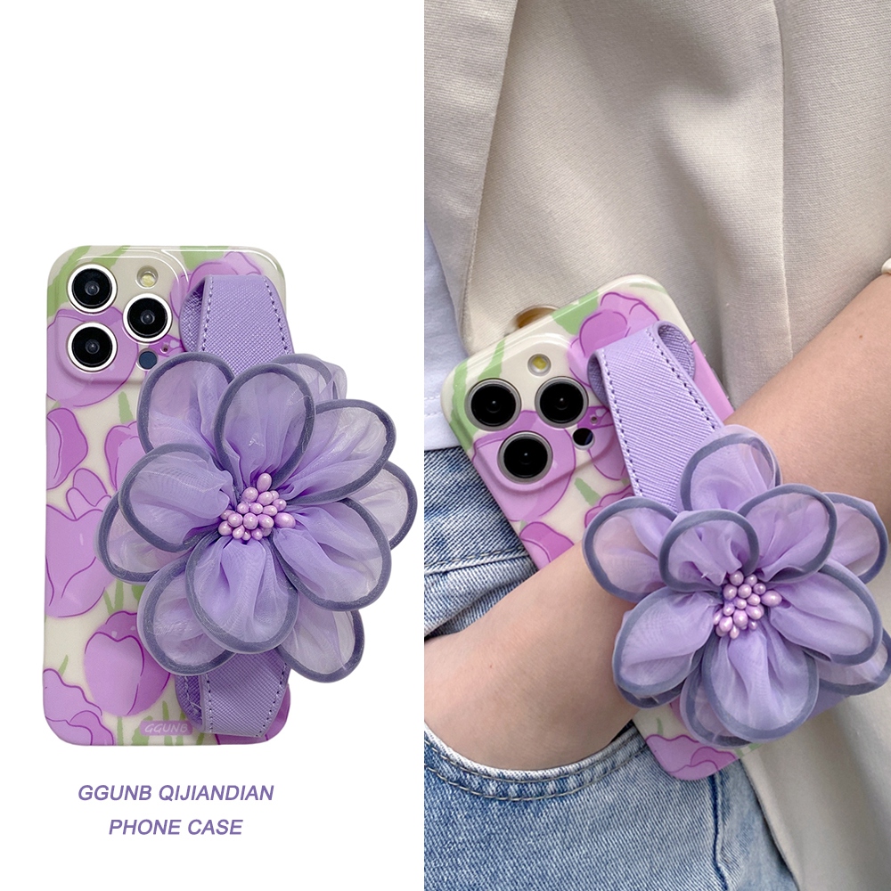 ins温柔紫色郁金香纱花腕带适用vivox100手机壳x80/x70/x60/x50潮x90/x30/x27女x23简约s15/s12/s10软壳s9女