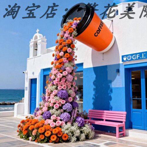 网红巨型咖啡杯瀑布仿真花道具