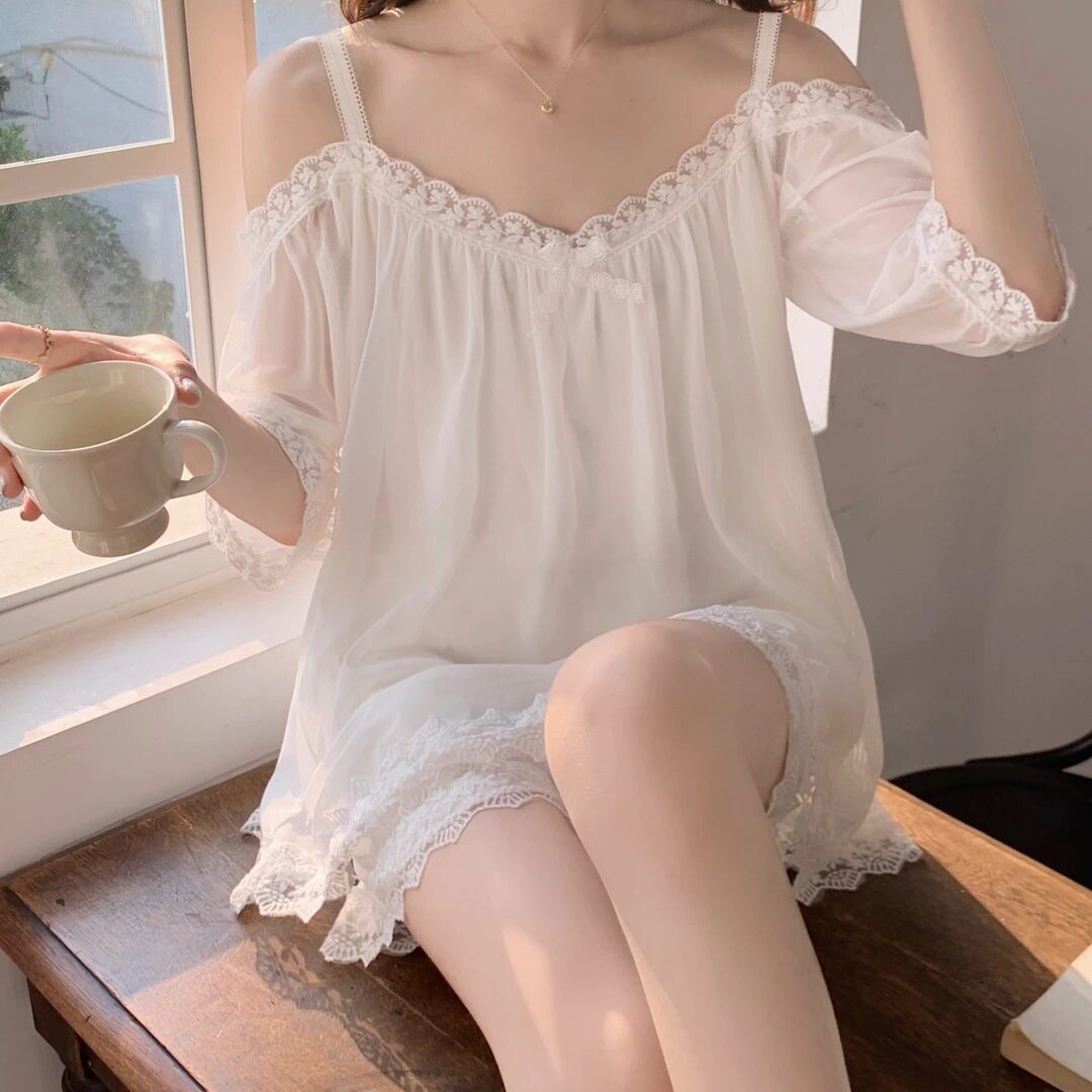 一字肩网纱睡衣套装夏季家居服