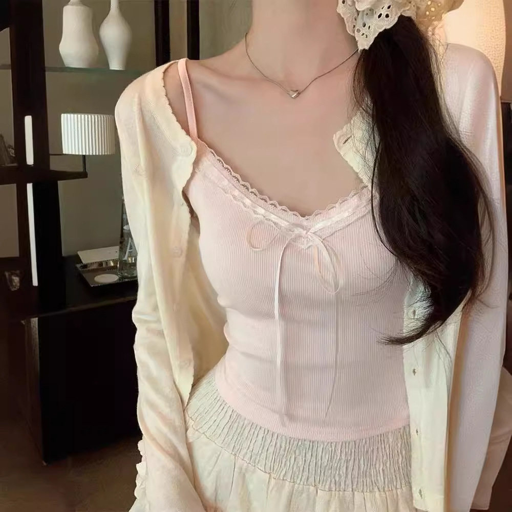粉色蕾丝V领蝴蝶结吊带背心女
