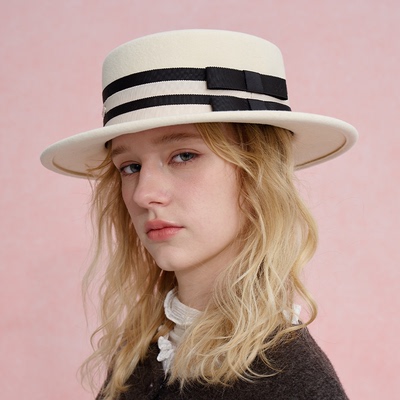 纯屿米色条纹蝴蝶结遮阳帽女