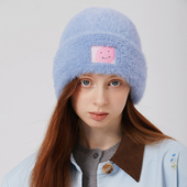 CHUNISLET纯屿 蓝色毛绒帽粉色笑脸女秋冬大头围显瘦保暖毛毛冷帽