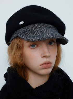 CHUNISLET纯屿 羊毛格子拼接气质大头围贝雷帽秋冬保暖画家帽