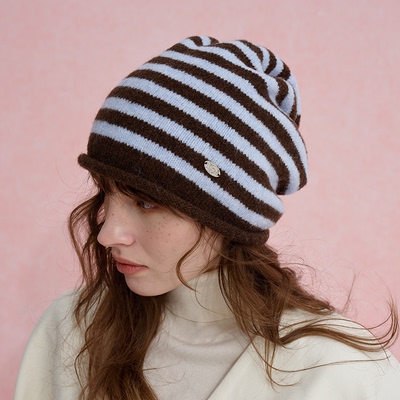 纯屿条纹加绒保暖堆堆针织帽女