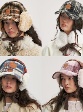 CHUNISLET纯屿秋冬羊毛保暖韩系格子耳罩棒球帽两件套休闲风