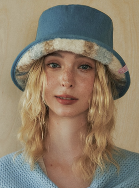 CHUNISLET纯屿 条纹牛仔撞色盆帽女秋冬百搭保暖羊羔毛双面渔夫帽