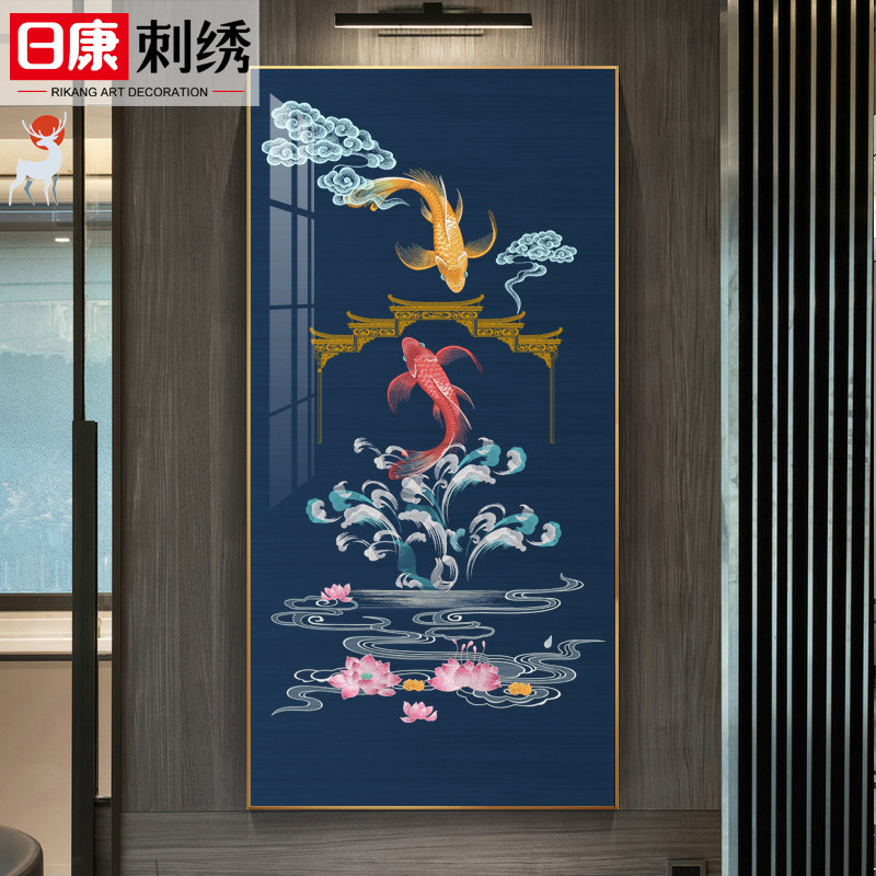 独绣刺绣古典新中式墙布鱼跃龙门过道客餐厅走廊入户玄关背景壁布