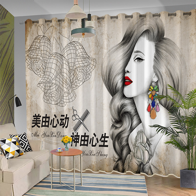 定制窗帘理发店专用遮光帘发廊复古装饰门帘美容纹绣美发店窗纱