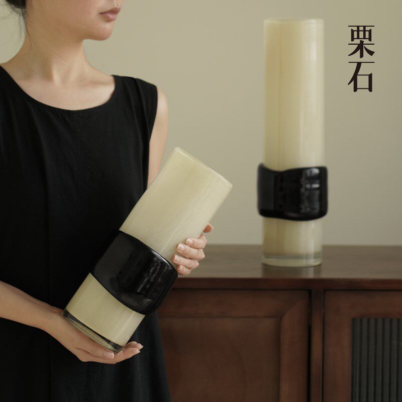 栗石【流光暖玉】奶黄色琉璃花瓶中古风加厚玻璃花器水培插花摆件