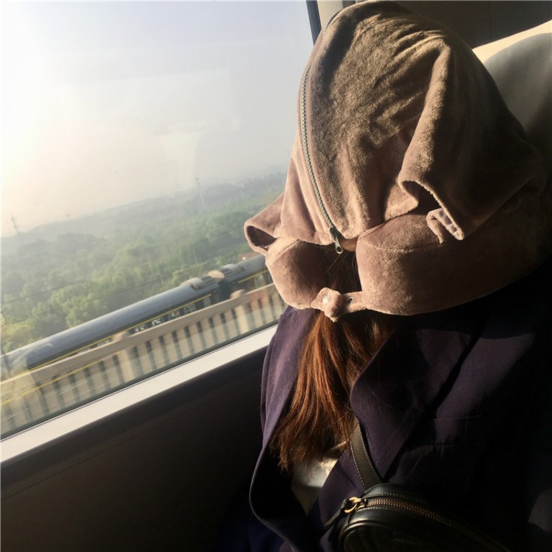 连帽记忆棉U型枕便携护颈枕遮光带帽子脖子u形枕飞机旅行颈椎枕头
