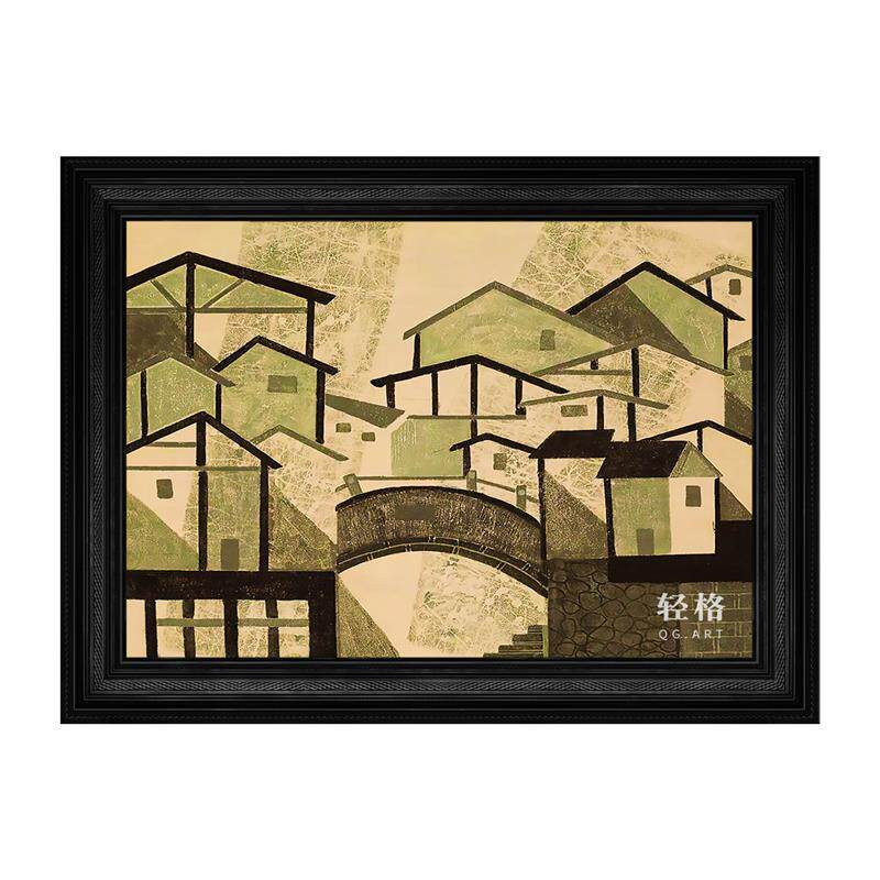 江南水乡风景手绘油画中古风建筑玄关斗柜挂画高档客厅墙壁装饰画