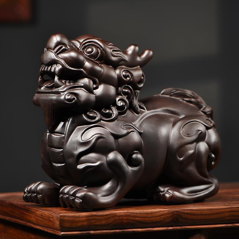 黑檀木雕貔貅摆件公母一对招财工艺品客厅玄关装饰实木质开业送礼