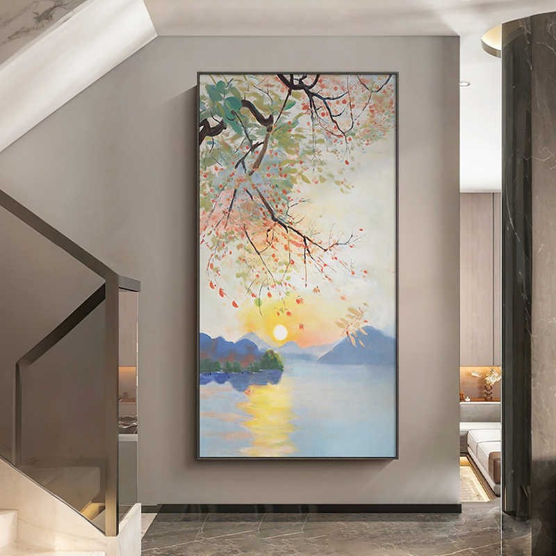 好运日出山水山水大芬村纯手绘油画入口大厅挂画走廊客厅壁画