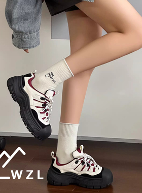 WZL爆款丑萌真皮户外休闲运动登山鞋女松糕大头小个子厚底老爹鞋