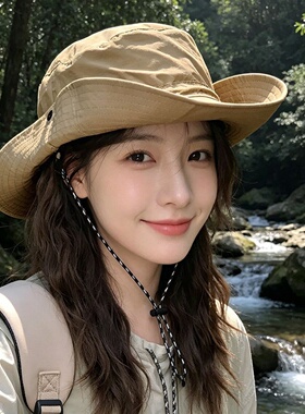 速干防水登山帽女黑色户外男透气遮阳防晒渔夫帽子可折叠徒步大檐