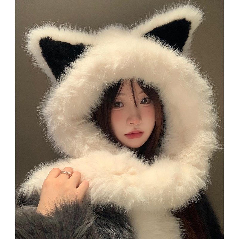 毛茸茸加厚狐狸耳朵帽子围巾一体男2025年秋冬季保暖显脸小可爱女
