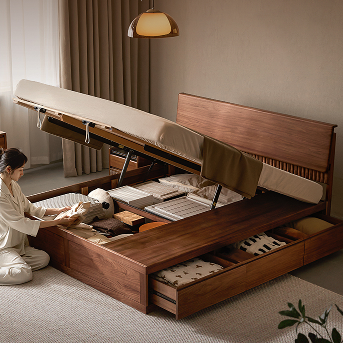 北美黑胡桃全实木箱体床落地式抽屉床卧室储物双人大床新款气压床