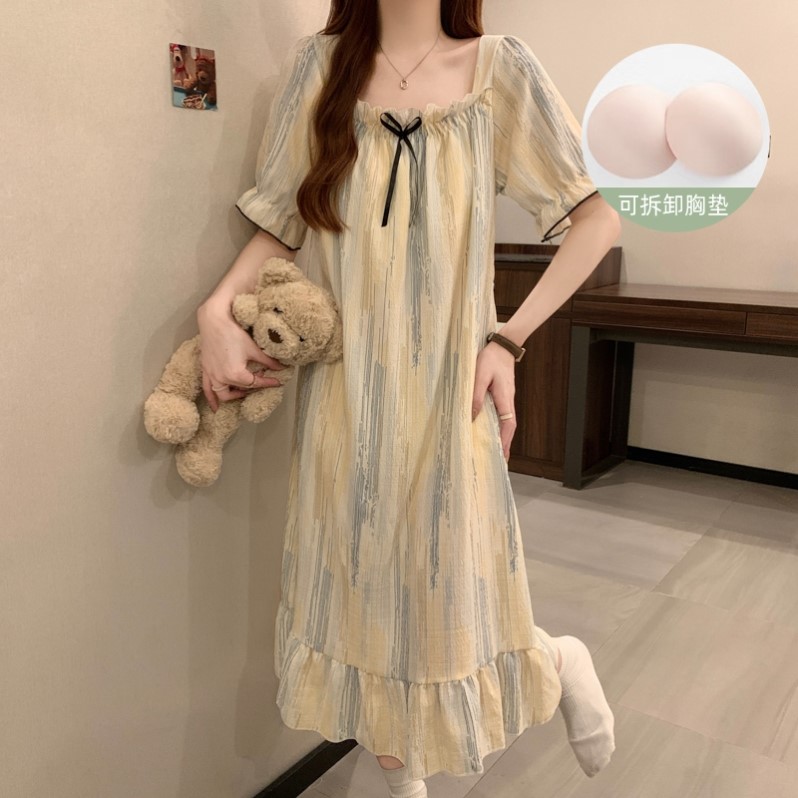 2025夏季睡衣女短袖带胸垫睡睡裙