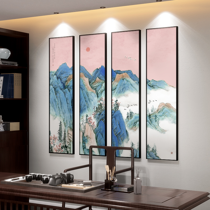 旭日东升茶室挂画新中式有山无水客厅画装饰画酒店餐厅四联画壁画
