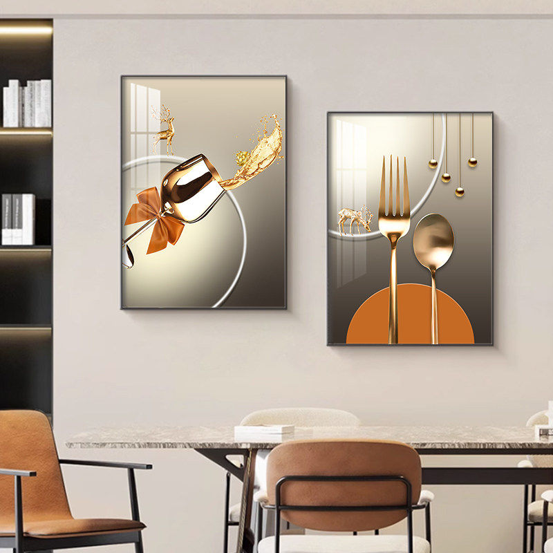 轻奢餐厅背景墙装饰画两联组合吃饭厅挂画创意酒杯餐桌旁高档壁画