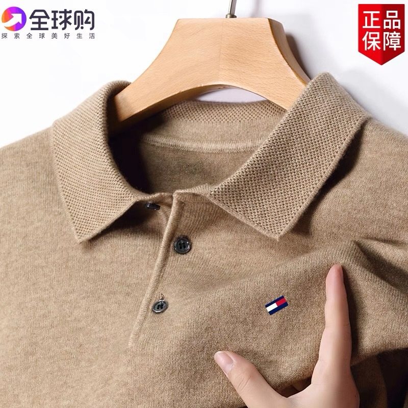 美国正品汤米羊绒衫男士长袖翻领纯色刺绣加大码针织打底毛衣