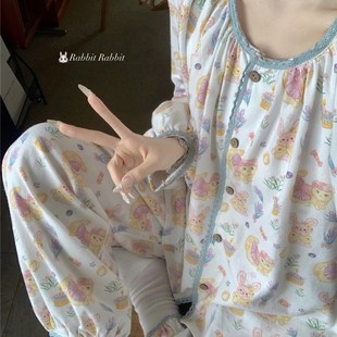 可爱俏皮卡通纯棉磨毛睡衣女款 家居服 春秋季 宽松休闲撞色花边长袖