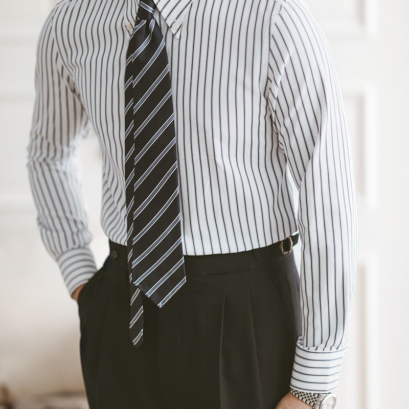 休闲条纹衬衫男春夏商务免烫大尖领长袖衬复古那不勒斯修身衬衣潮